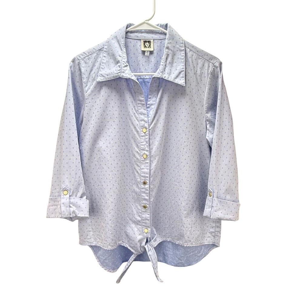 Anne Klein‎ Button Down Shirt M Blue Diamond Cotton 3/4 Sleeve Preppy Top Office